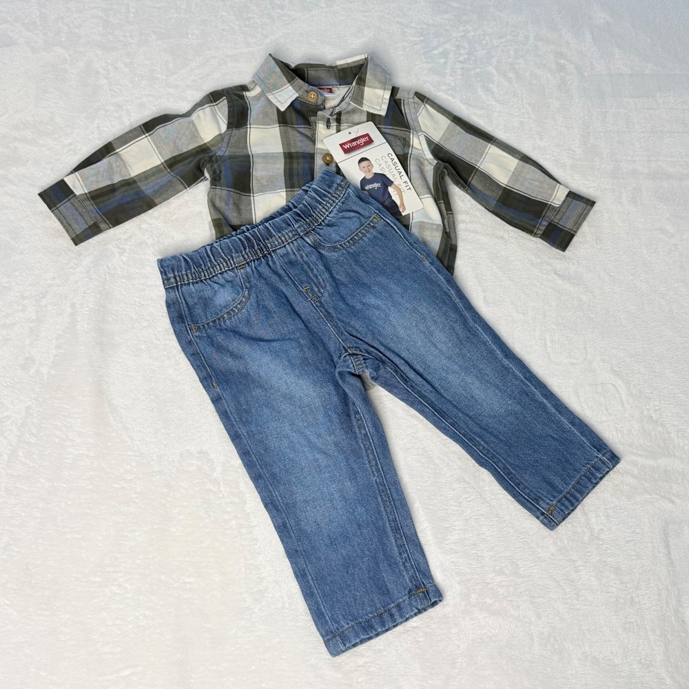 Wrangler Baby Boy 12M Plaid Bodysuit and Jeans 2 Piece Set Blue Green W23F554IHA